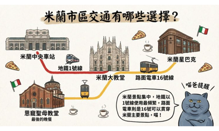 米蘭市區交通方式資訊圖，標示中央車站、米蘭大教堂、星巴克與地鐵及路面電車路線